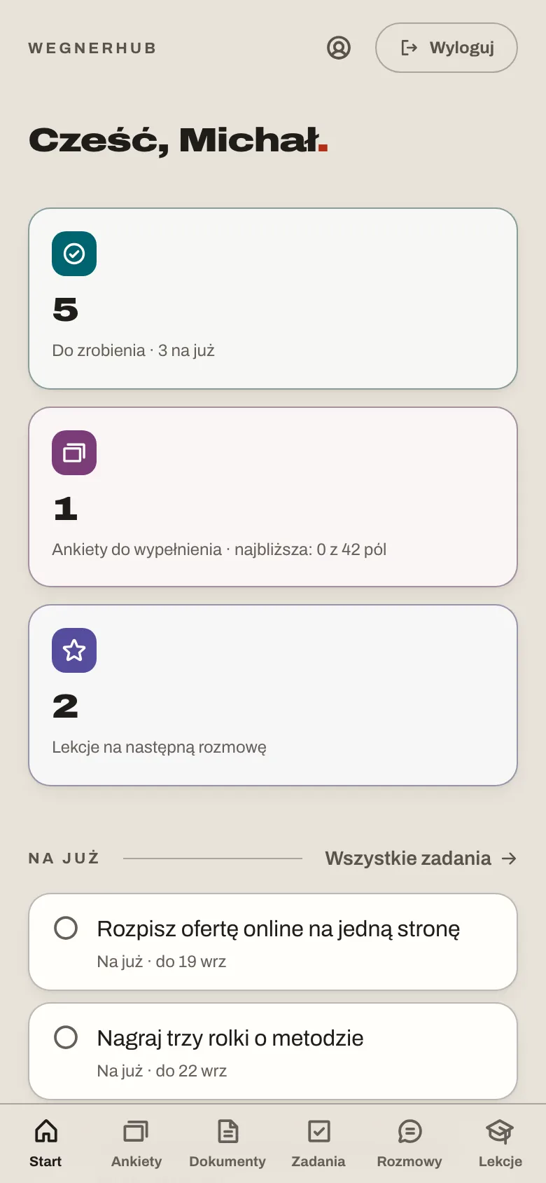 Pulpit w Wegnerhubie: zadania z terminami, ankieta do wypełnienia i ostatnia rozmowa